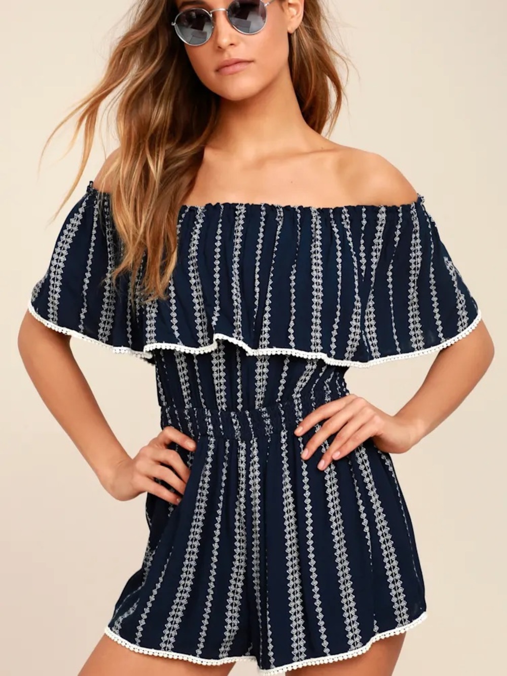 Lulus Navy Blue White Embroidered Off-The-Shoulder Pom-Pom Romper Size Small